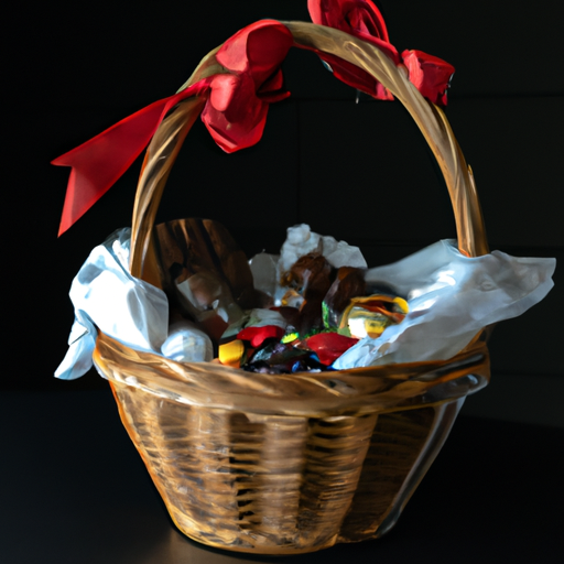 תמונה של סלסלת מתנה מלאה בשוקולדים וכל טוב אחר