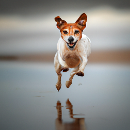 כלב בוגר שמח ובריא רץ על חוף הים
