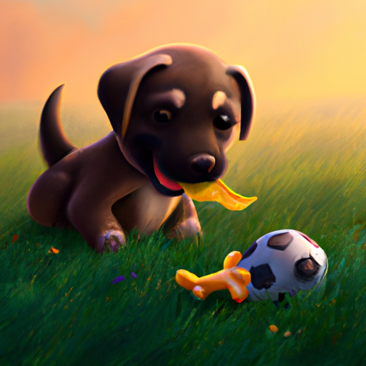 גור משחק עם צעצוע בשדה דשא