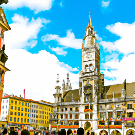 תמונה של מריאנפלאץ, הכיכר המרכזית של מינכן, כשברקע מגדל השעון המפורסם שלה Glockenspiel.