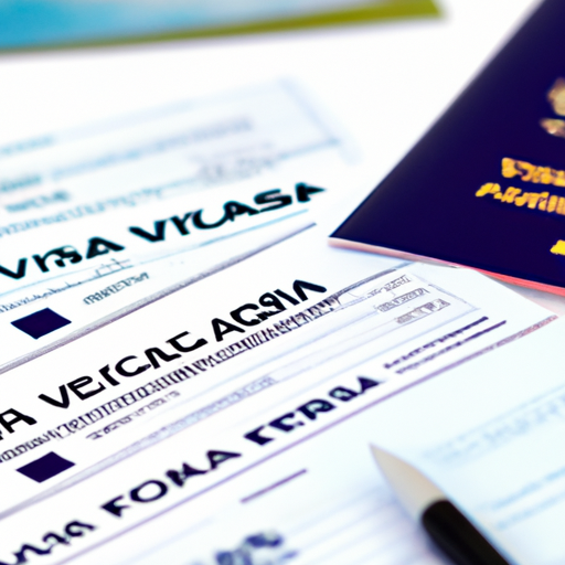 1. תמונה המציגה מסמכים שונים הנדרשים לבקשת ויזה כמו דרכון, תמונות וטופס בקשה.