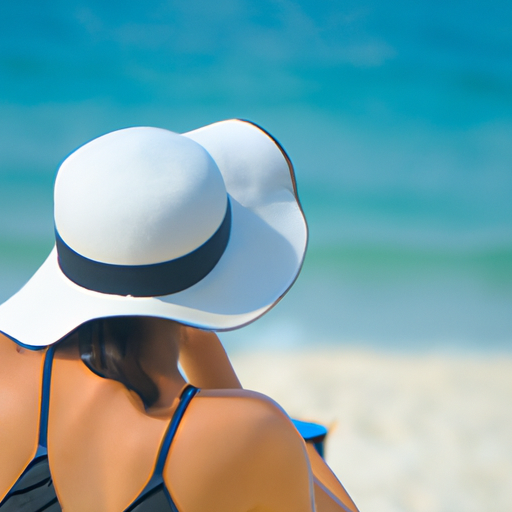 אישה לובשת בגד ים עם שרוולים ארוכים, מוגנת מהשמש, נרגעת על החוף.
